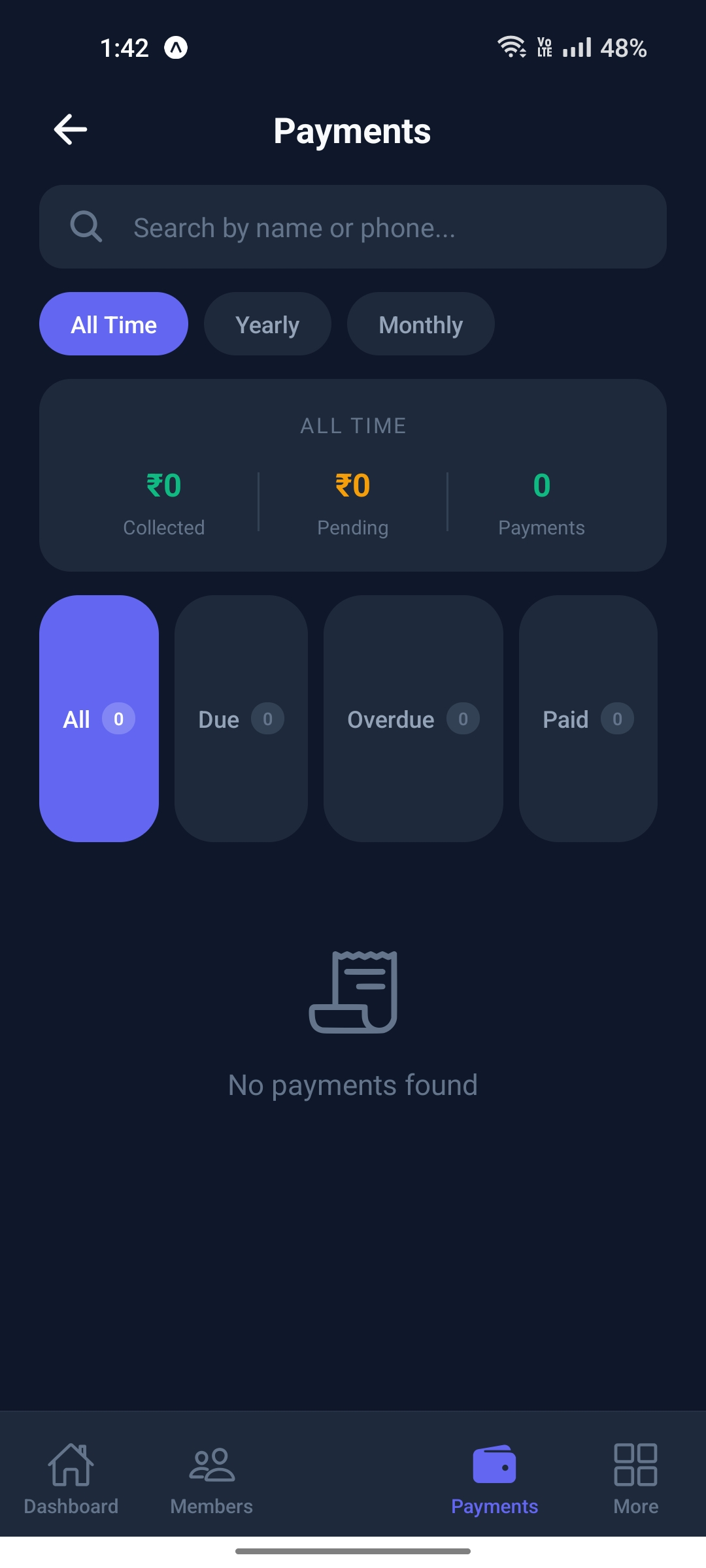 Strivv Fit payments screen with collection and pending summary