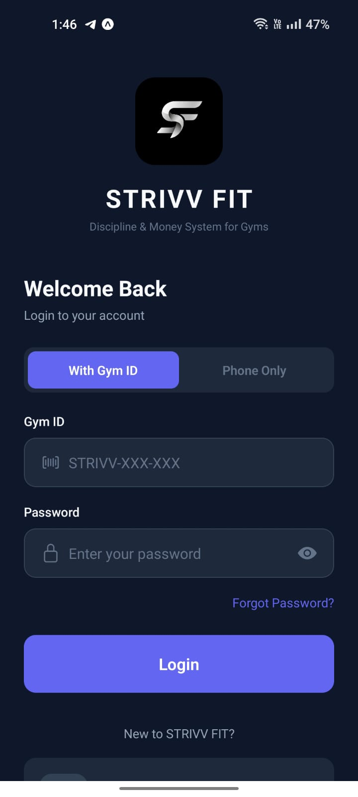 Strivv Fit login screen